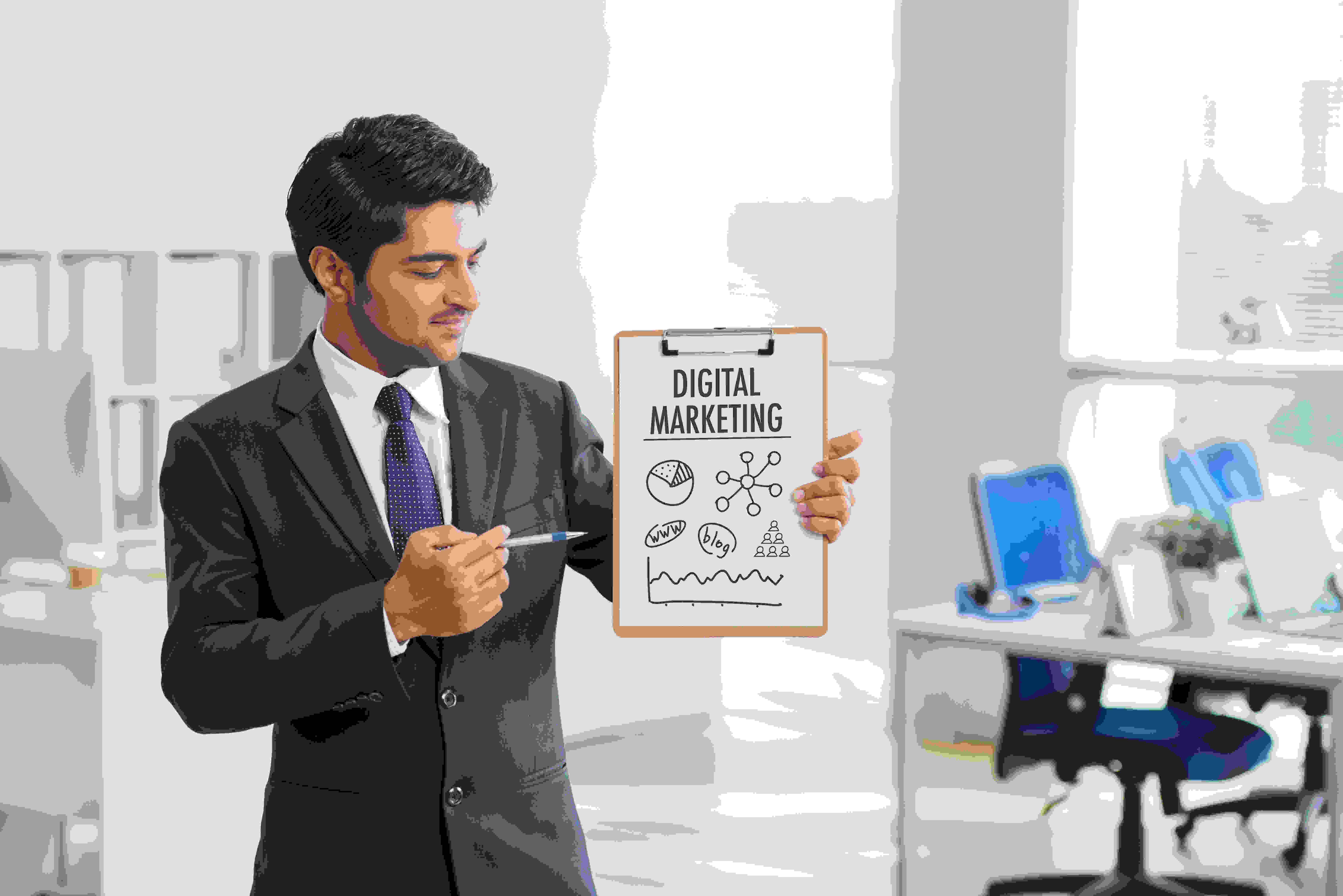 Businessman presenting a hand-drawn digital marketing strategy diagram on a clipboard.